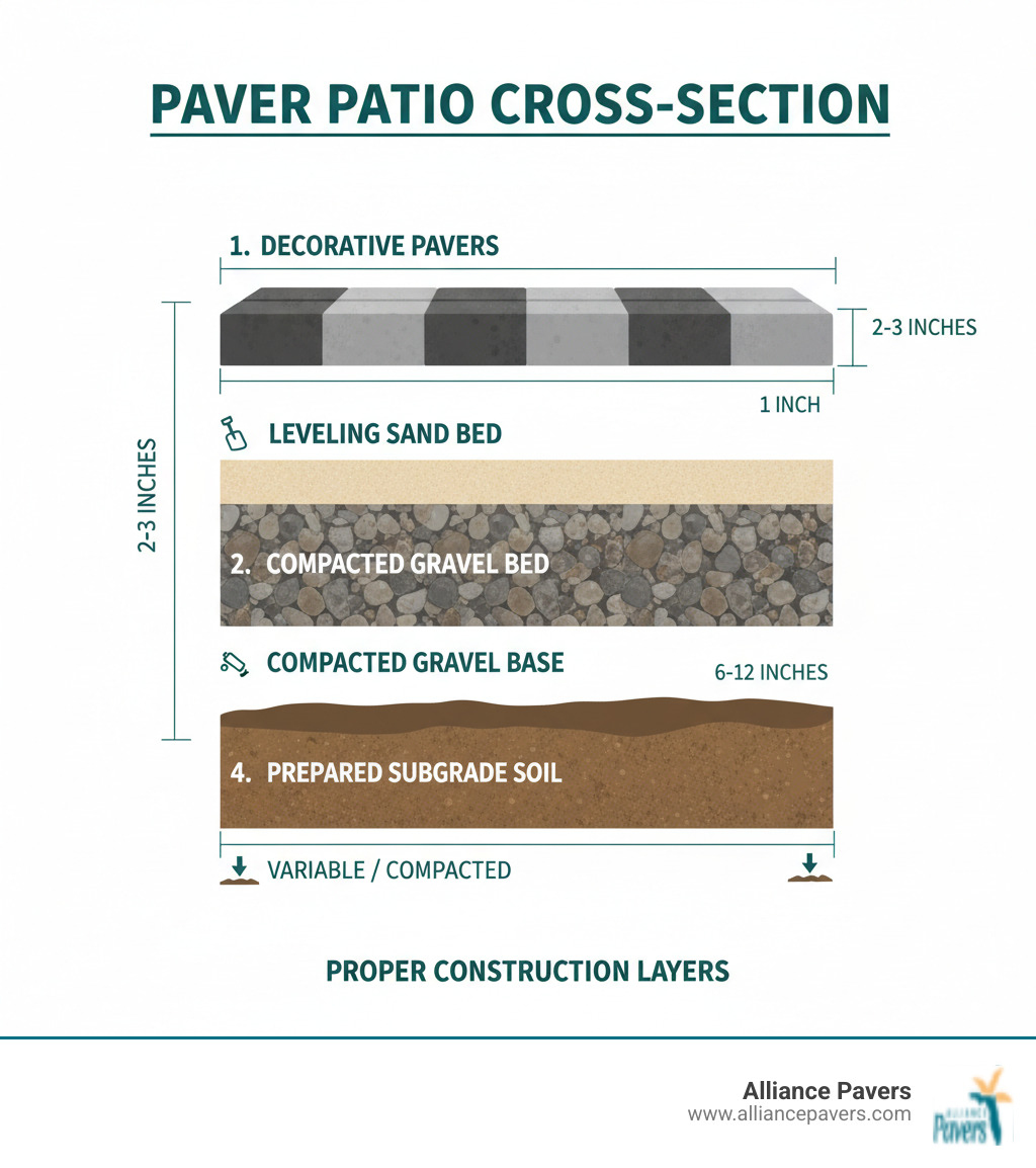 Detailed cross-section infographic showing the four essential layers of a properly constructed paver patio from top to bottom: decorative paver stones on the surface, leveling sand bed underneath, compacted gravel base layer, and prepared subgrade soil at the bottom, with labels and measurements for each layer - how to repair paver stone patio infographic 