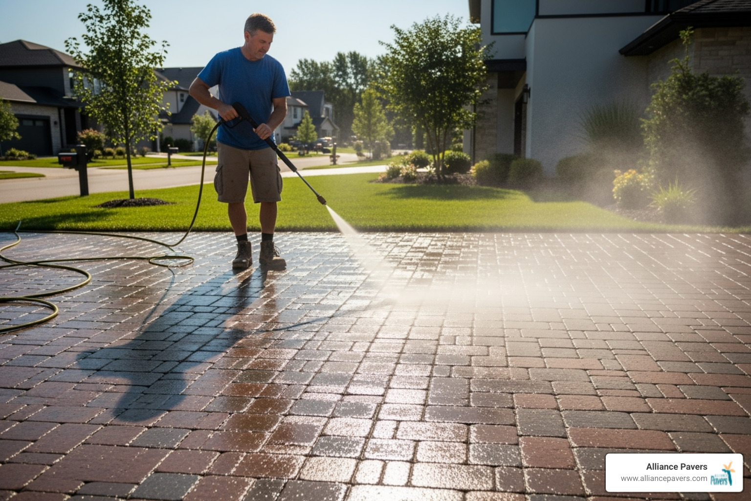 homeowner pressure washing their clean paver driveway - driveway paver installation orlando