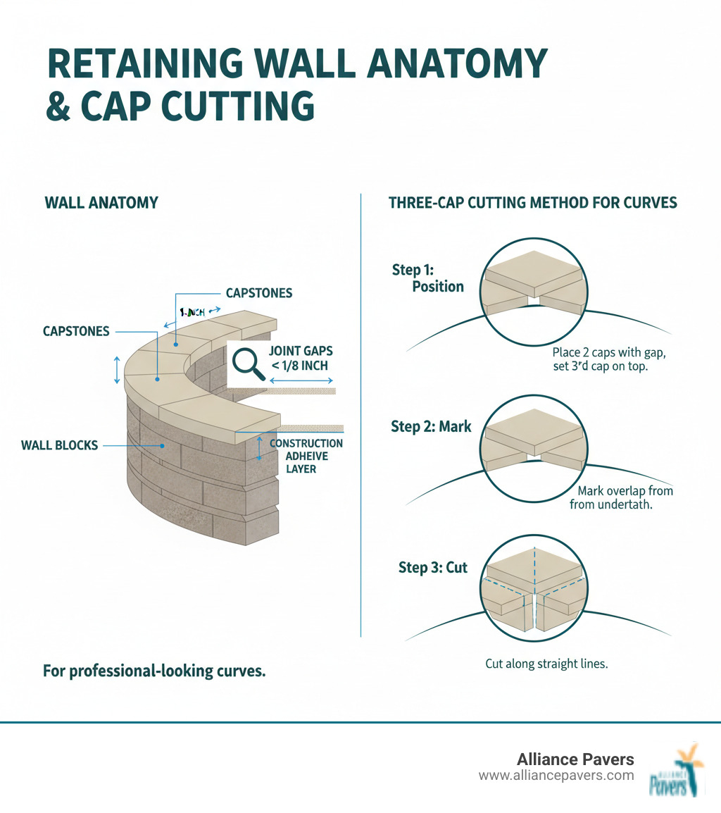 Infographic showing retaining wall anatomy with labeled parts including wall blocks, capstones, joint gaps under 1/8 inch, 1-inch overhang, construction adhesive layer, and the three-cap cutting method for curves with step-by-step marking process - cutting retaining wall caps infographic 