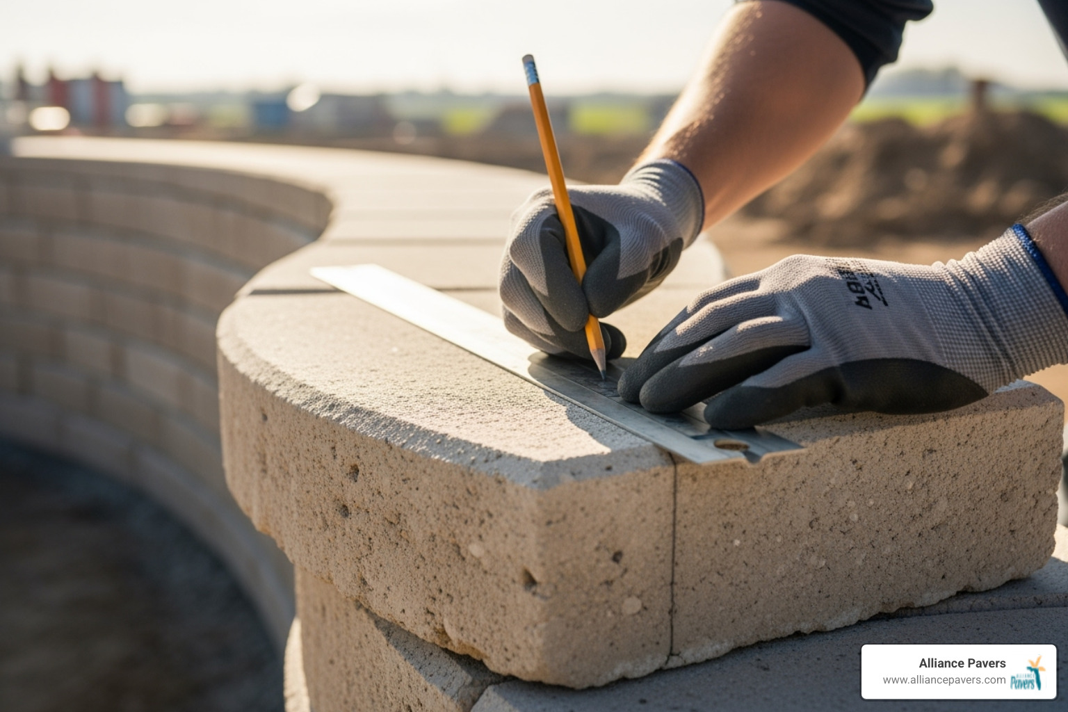 A person using a pencil and a straight edge to mark a capstone for a curved retaining wall, following the three-cap method - cutting retaining wall caps