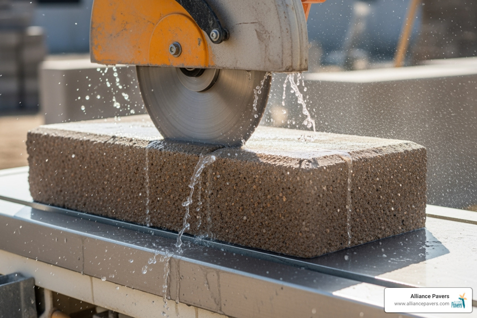 A wet saw precisely cutting a retaining wall cap, with water flowing to suppress dust and cool the diamond blade - cutting retaining wall caps