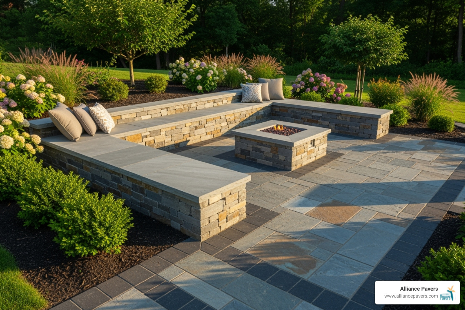 beautiful completed patio project with a slate seating wall - slate retaining wall blocks