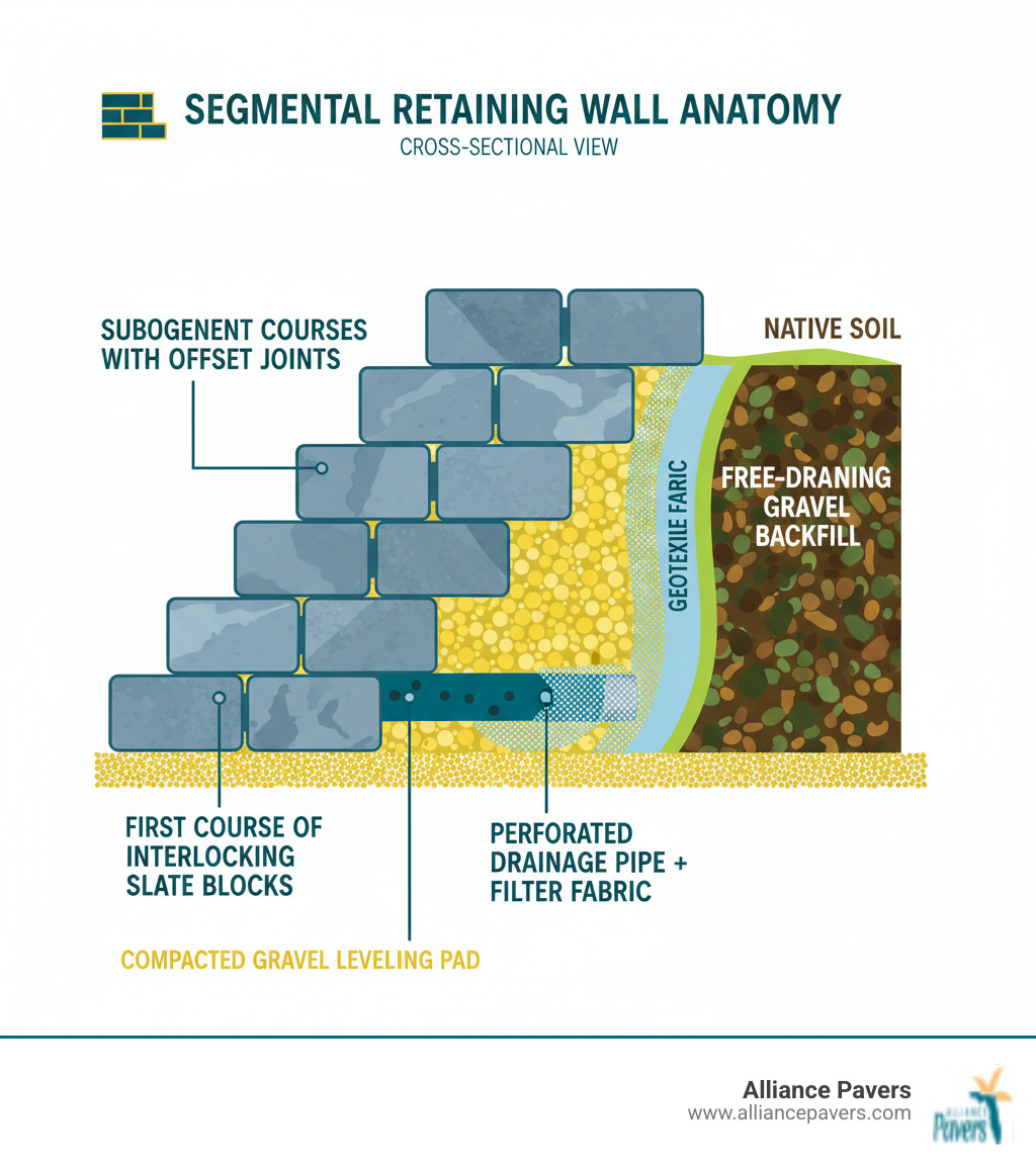 infographic showing the cross-section anatomy of a segmental retaining wall system with labeled components including compacted gravel leveling pad at base, first course of interlocking slate blocks, subsequent courses with offset joints, free-draining gravel backfill behind wall, geotextile fabric separating backfill from native soil, and perforated drainage pipe at base wrapped in filter fabric - slate retaining wall blocks infographic 