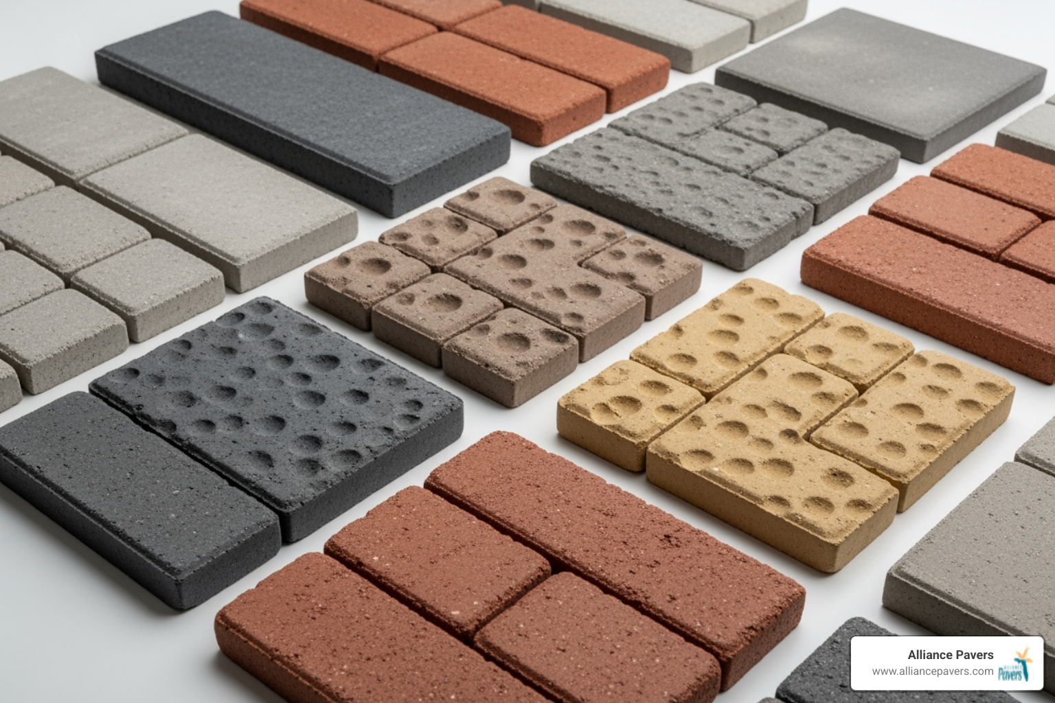 Various paver material samples like concrete and brick - affordable patio pavers sanford