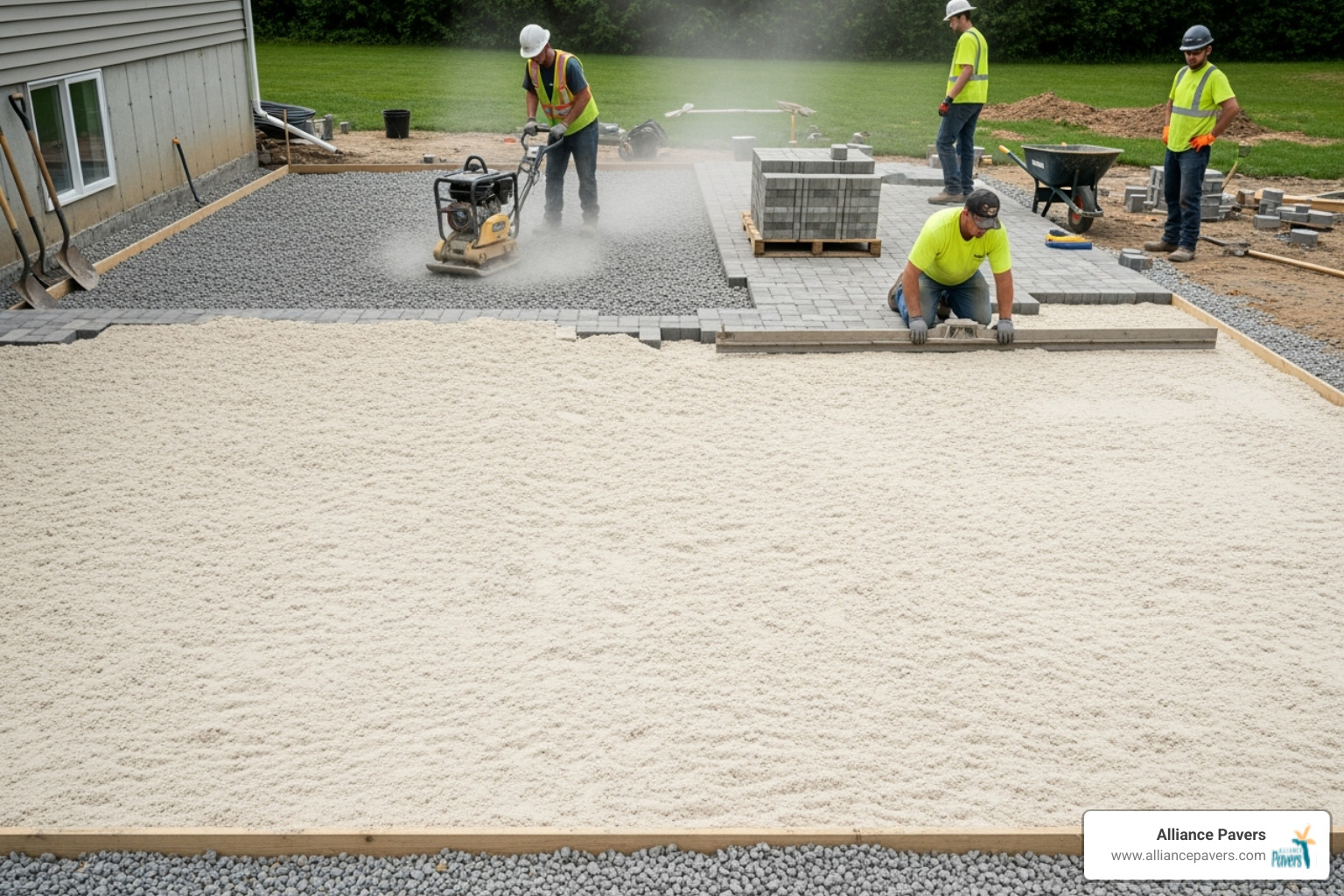 Paver patio installation in progress, showing the base layer - affordable patio pavers sanford