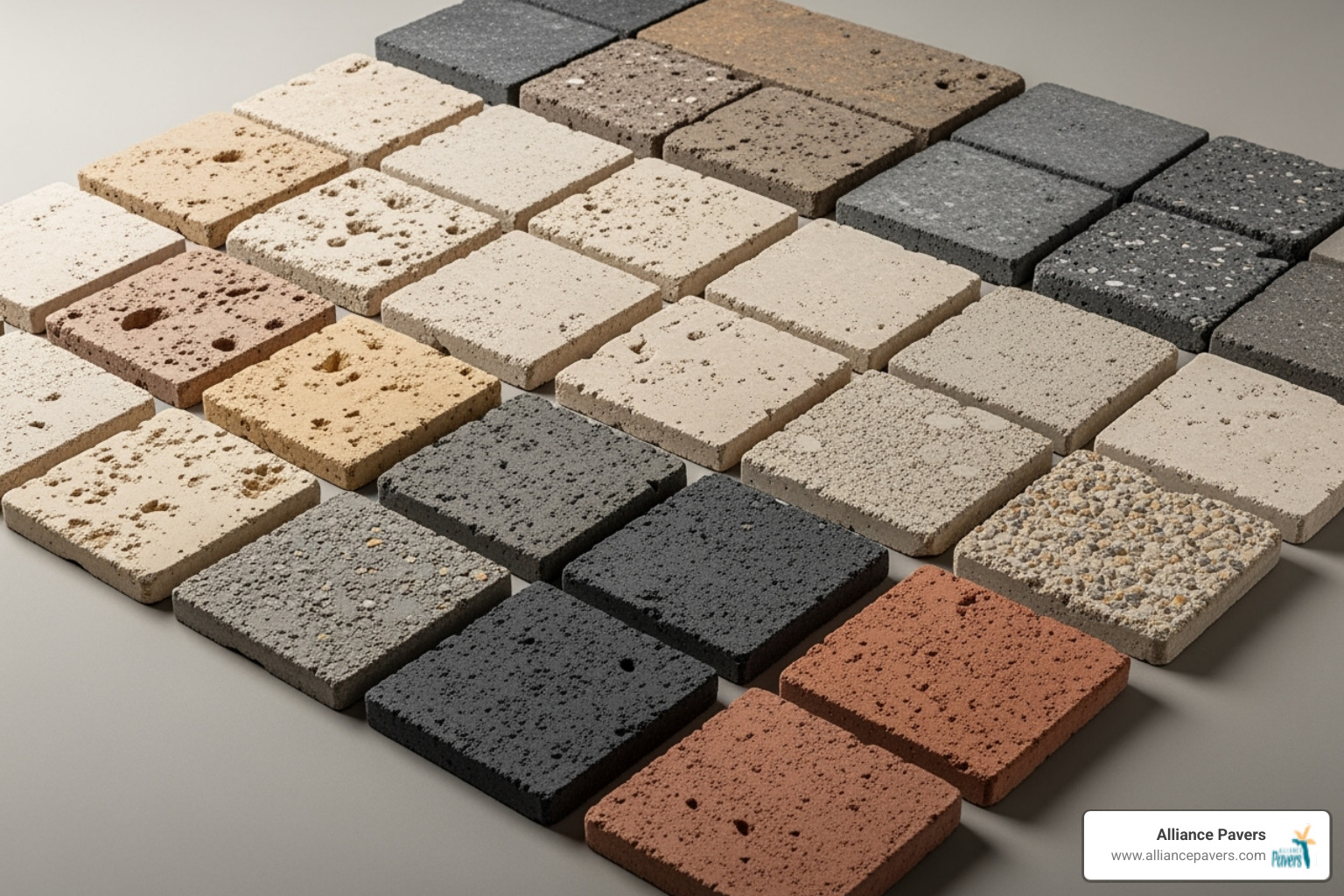 Palette of different paver materials like travertine and concrete pavers - custom pool pavers st cloud