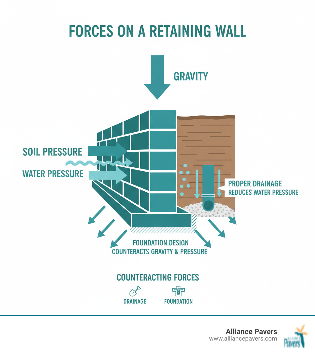 Infographic showing soil pressure, water pressure, and gravity forces acting on a cinder block retaining wall, with arrows indicating how proper drainage and foundation design counteract these forces - cinder block retaining wall infographic 