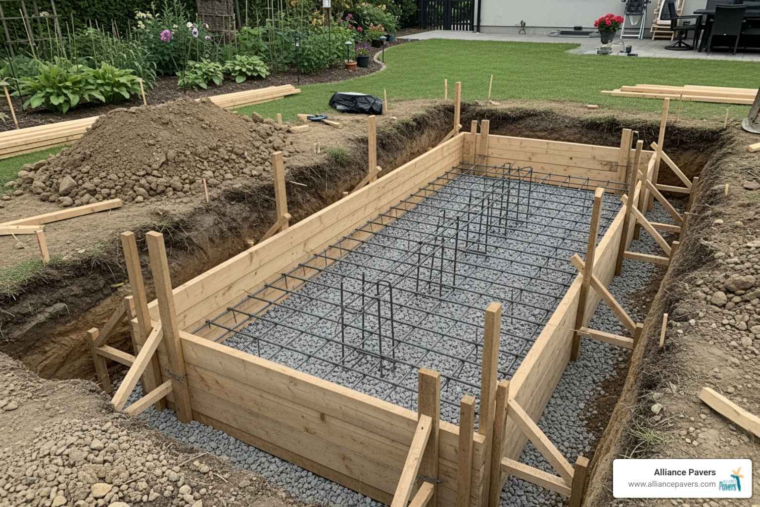 Properly excavated trench with formwork and rebar for a retaining wall footing - cinder block retaining wall