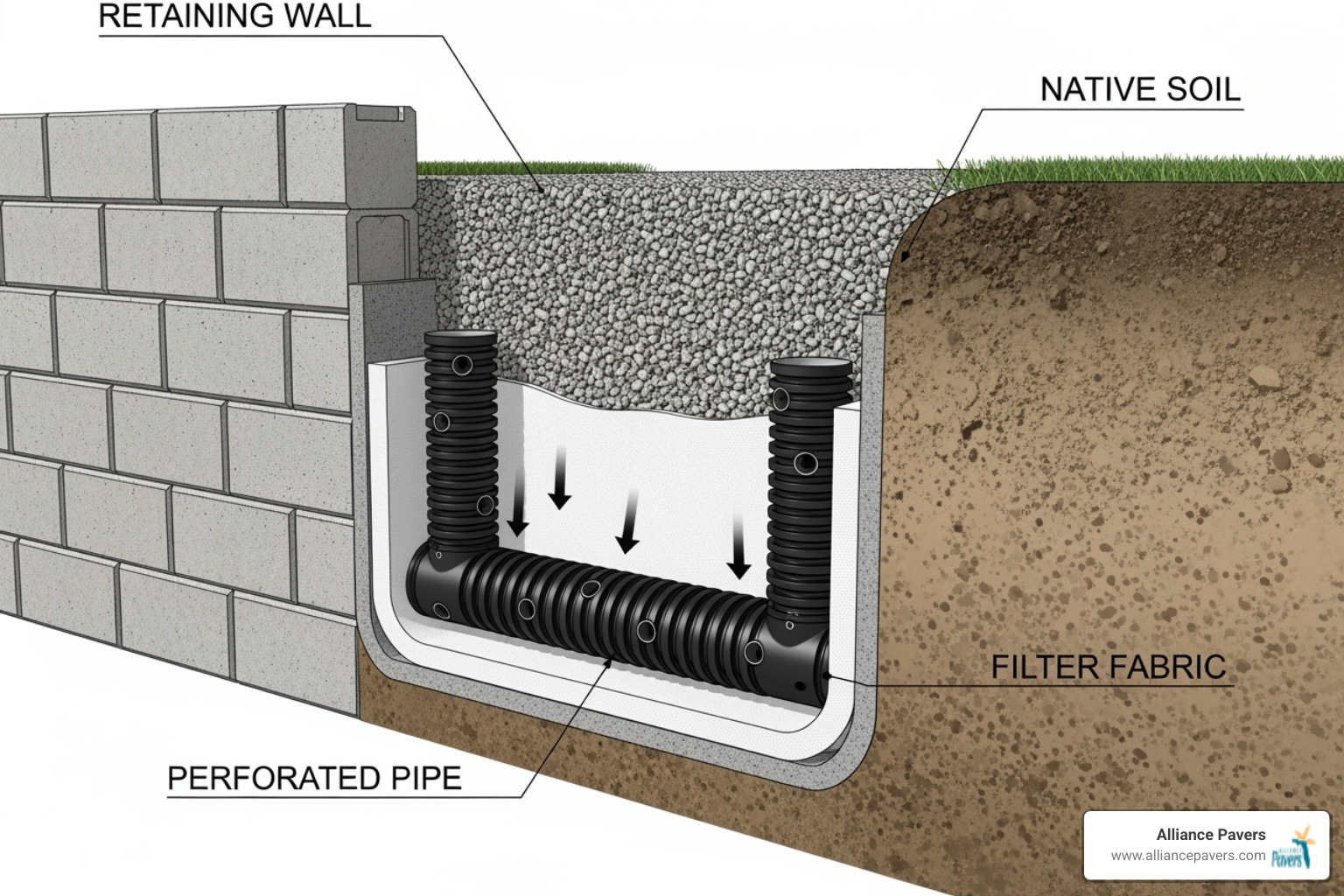 Cutaway view showing the drainage system behind a retaining wall with gravel, perforated pipe, and filter fabric - cinder block retaining wall