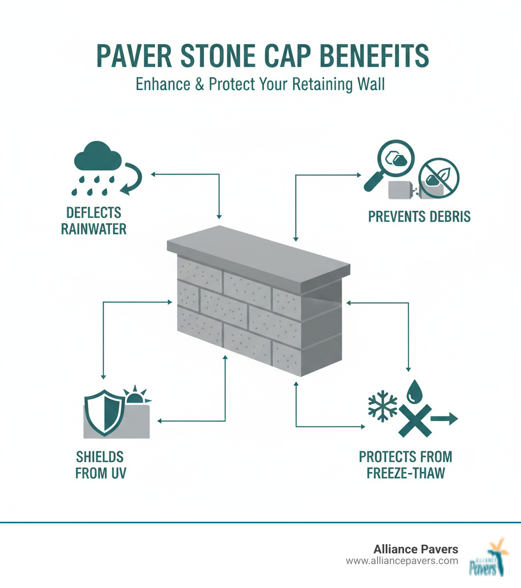 Infographic showing a cross-section of a retaining wall with a paver stone cap on top, illustrating how the cap overhangs slightly to deflect rainwater away from the wall face, prevents debris accumulation between blocks, shields the top course from UV damage, and protects against freeze-thaw cycles by keeping moisture out of the wall structure - paver stone caps infographic