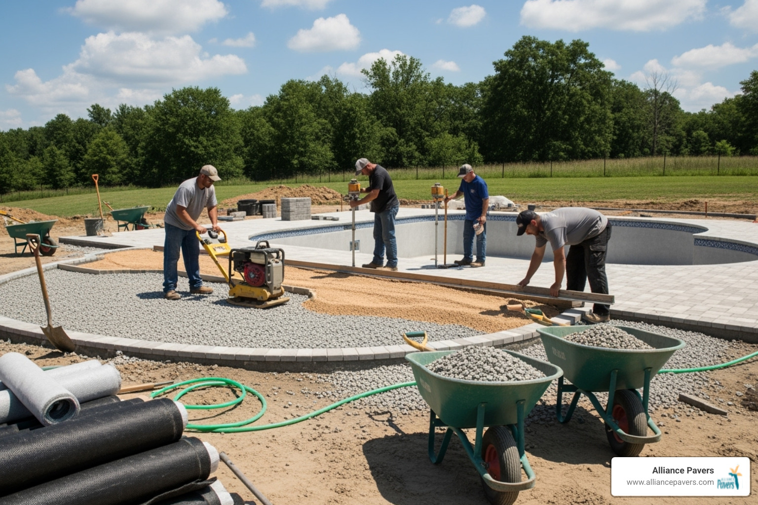 A team of Alliance Pavers professionals meticulously installing a paver base layer, ensuring proper grading and compaction - luxury poolside pavers windermere