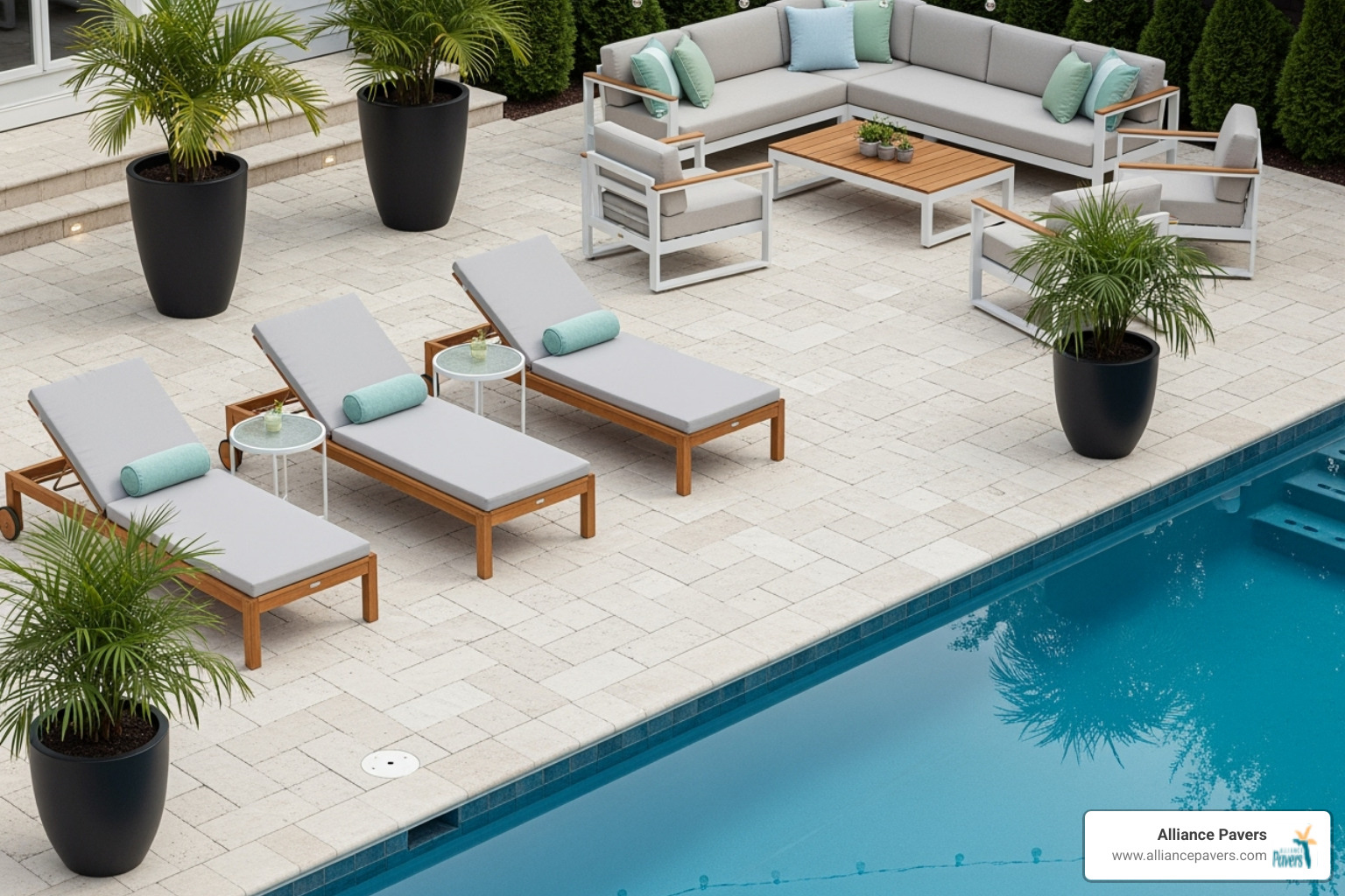 A stunning poolside patio made of light-colored travertine pavers, offering a cool and elegant aesthetic - luxury poolside pavers windermere