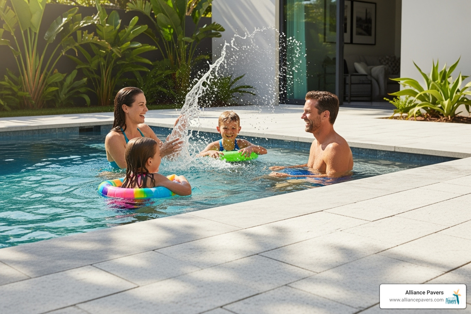 Family enjoying a safe, non-slip paver pool deck - new pool deck paving winter springs