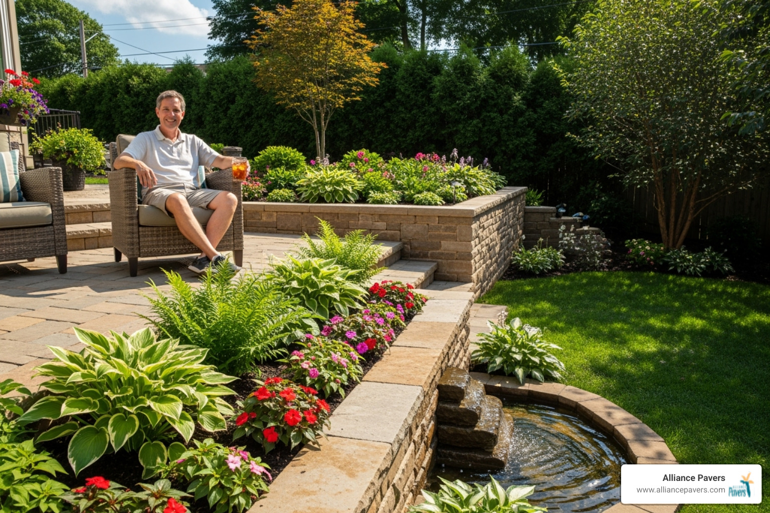 homeowner enjoying newly terraced yard with retaining wall - how to build a stone retaining wall on a slope