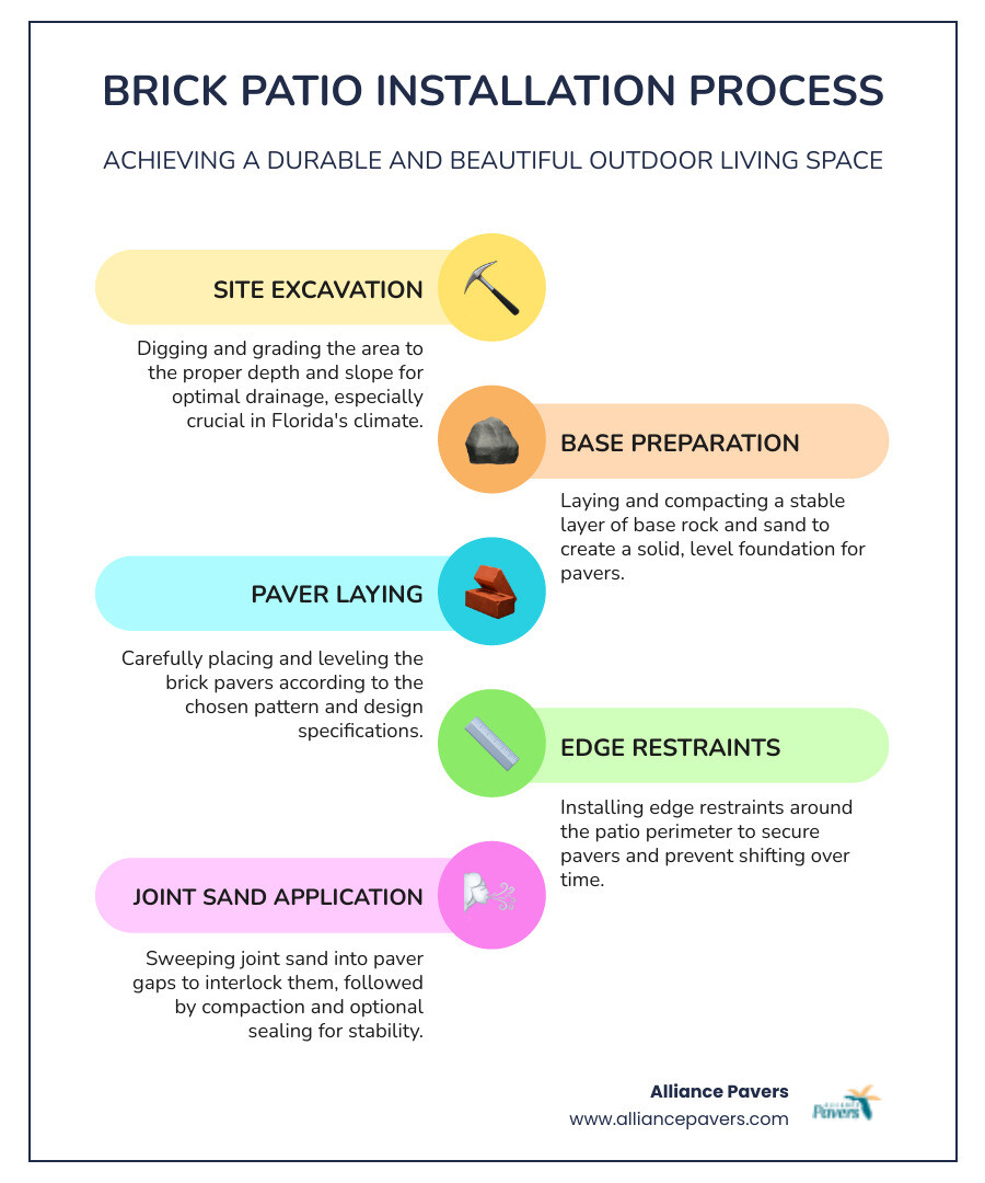 Step-by-step brick patio installation process showing excavation, base preparation, paver laying, edge restraints, and joint sand application - brick patio installation contractors in apopka, fl infographic infographic-line-5-steps-colors