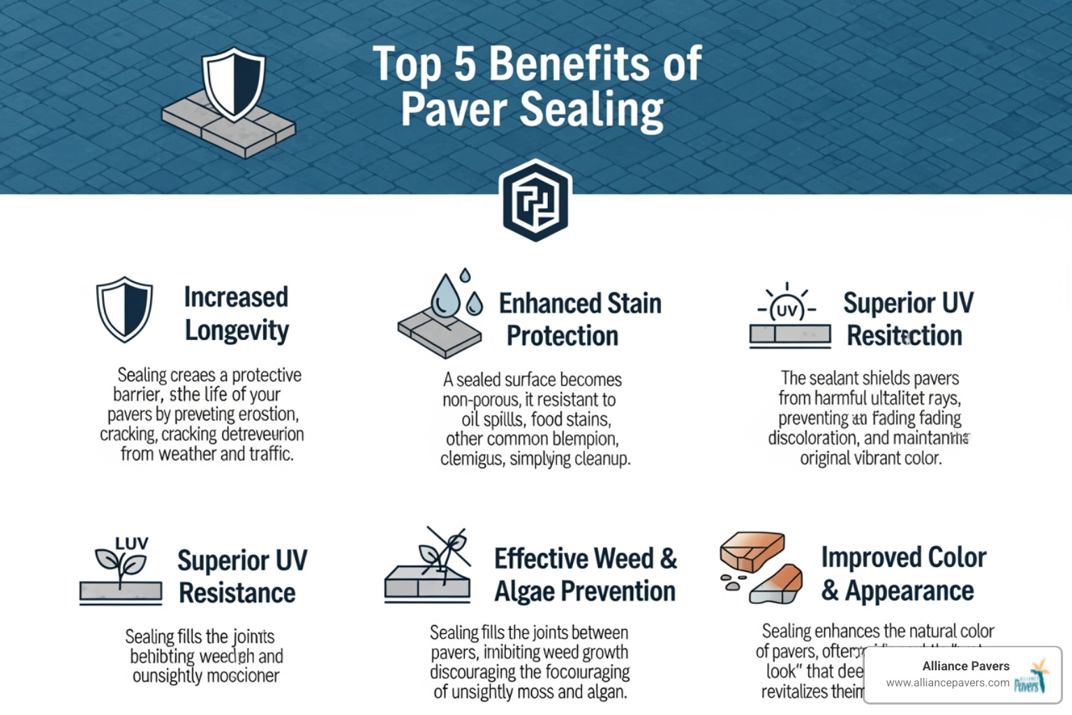 Infographic detailing the top 5 benefits of paver sealing: longevity, stain protection, UV resistance, weed prevention, and improved color. - brick paver cleaning and sealing in orlando