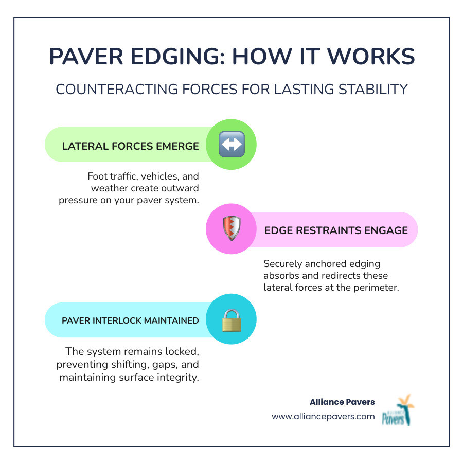 Infographic showing cross-section of paver installation with arrows indicating lateral forces pushing outward on paver field, and how edge restraints installed at the perimeter with spikes driven into compacted base counteract these forces to maintain paver interlock and prevent field separation - edge of pavers infographic infographic-line-3-steps-colors
