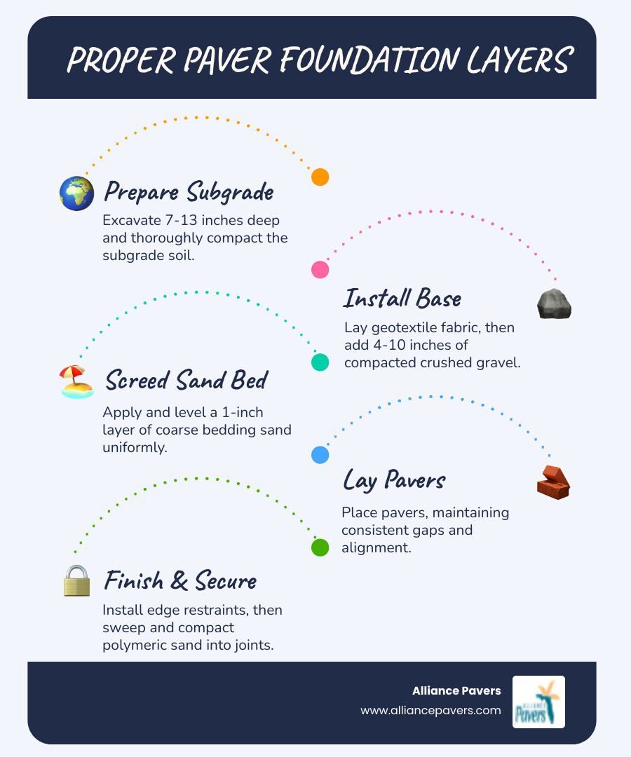 Infographic showing the essential layers of proper paver installation from bottom to top: compacted subgrade soil, geotextile fabric barrier, 4-10 inches of compacted crushed gravel base in 2-inch lifts, 1-inch screeded sand bedding layer, pavers installed with consistent gaps, and polymeric sand filling joints, with edge restraints securing the perimeter - how to lay pavers on dirt infographic infographic-line-5-steps-blues-accent_colors