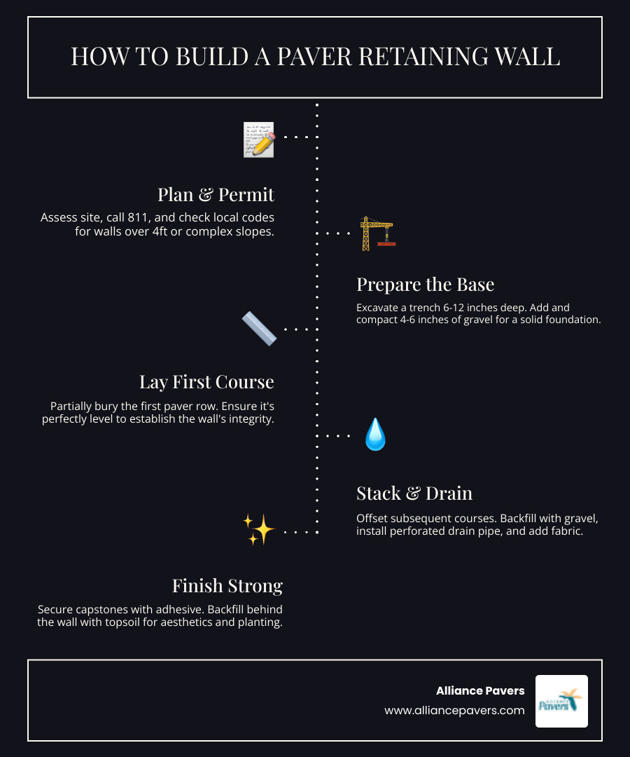 infographic showing cross-section of paver retaining wall with labeled components including buried first course, compacted gravel base, backfill drainage gravel, perforated drain pipe, offset stacked courses, and capstones, illustrating proper construction for Florida conditions - build a retaining wall with pavers infographic infographic-line-5-steps-dark