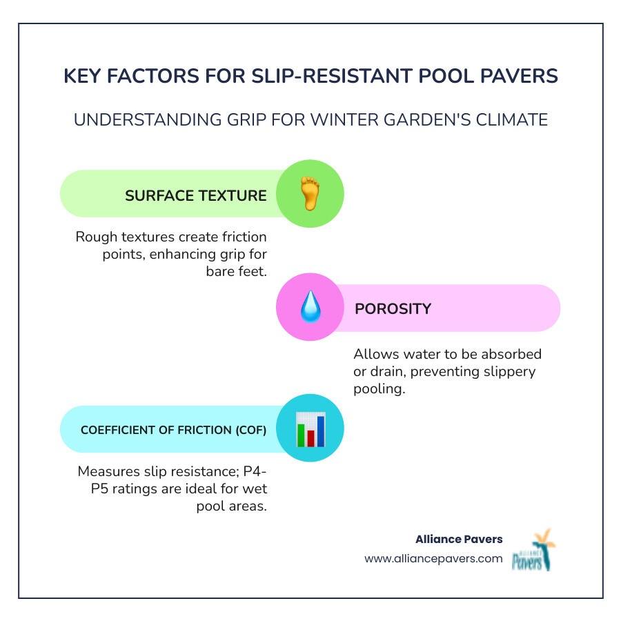 Infographic showing the three key factors that make pool pavers slip-resistant: surface texture creating friction points, porosity allowing water to drain through instead of pooling on top, and coefficient of friction (COF) ratings with P4-P5 being ideal for wet pool areas - slip resistant pool pavers winter garden infographic infographic-line-3-steps-colors Infographic showing the three key factors that make pool pavers slip-resistant: surface texture creating friction points, porosity allowing water to drain through instead of pooling on top, and coefficient of friction (COF) ratings with P4-P5 being ideal for wet pool areas - slip resistant pool pavers winter garden infographic infographic-line-3-steps-colors