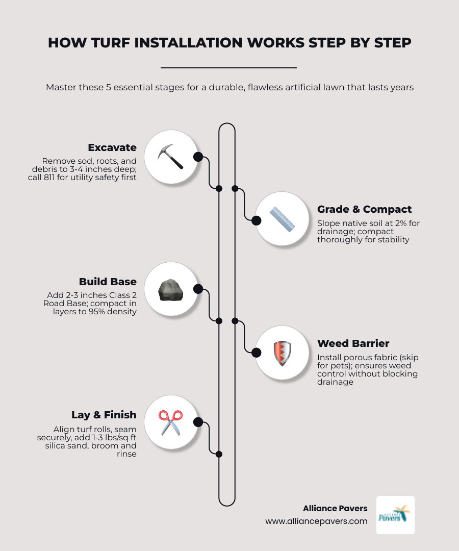 Step-by-step turf installation process showing excavation base layers and finished lawn - how turf installation works step