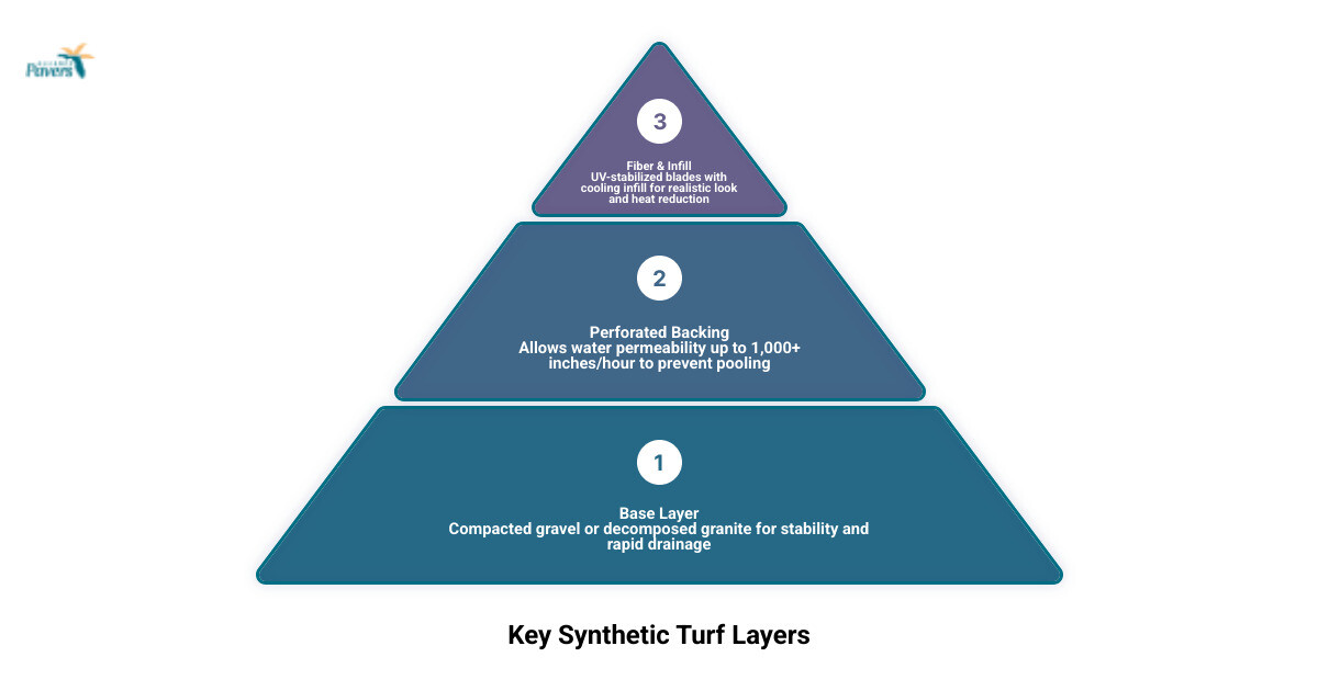 infographic showing synthetic turf layers, drainage rates, water savings, and key 2026 residential turf selection criteria