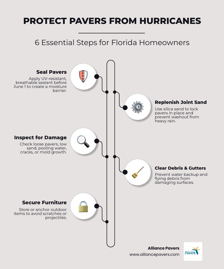 Infographic showing 6 steps to protect pavers during hurricane season in Florida - how to protect your pavers during Infographic showing 6 steps to protect pavers during hurricane season in Florida - how to protect your pavers during