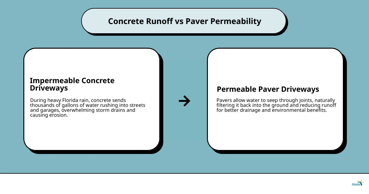 Infographic explaining permeability and drainage for Florida homes - pavers vs concrete driveway comparison infographic Infographic explaining permeability and drainage for Florida homes - pavers vs concrete driveway comparison infographic