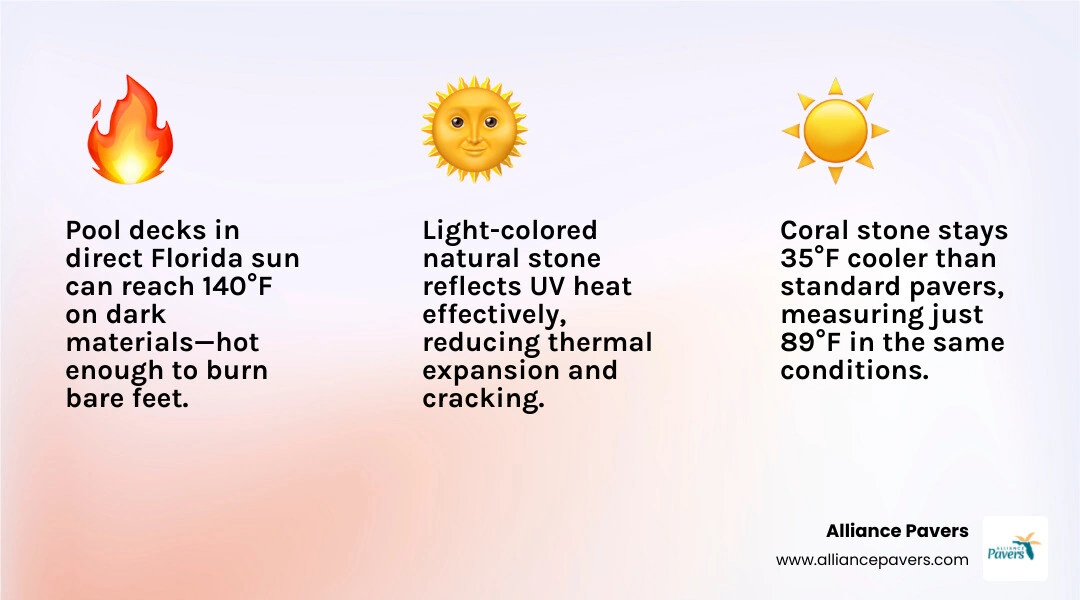 Infographic comparing heat retention of Florida pool deck materials: travertine, coral stone, porcelain, concrete - best Infographic comparing heat retention of Florida pool deck materials: travertine, coral stone, porcelain, concrete - best