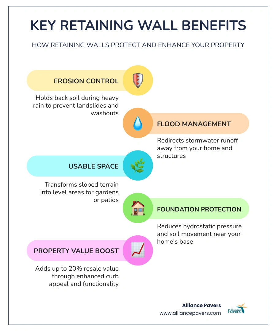 Infographic showing retaining wall benefits including erosion control, drainage, usable space, and property value Infographic showing retaining wall benefits including erosion control, drainage, usable space, and property value