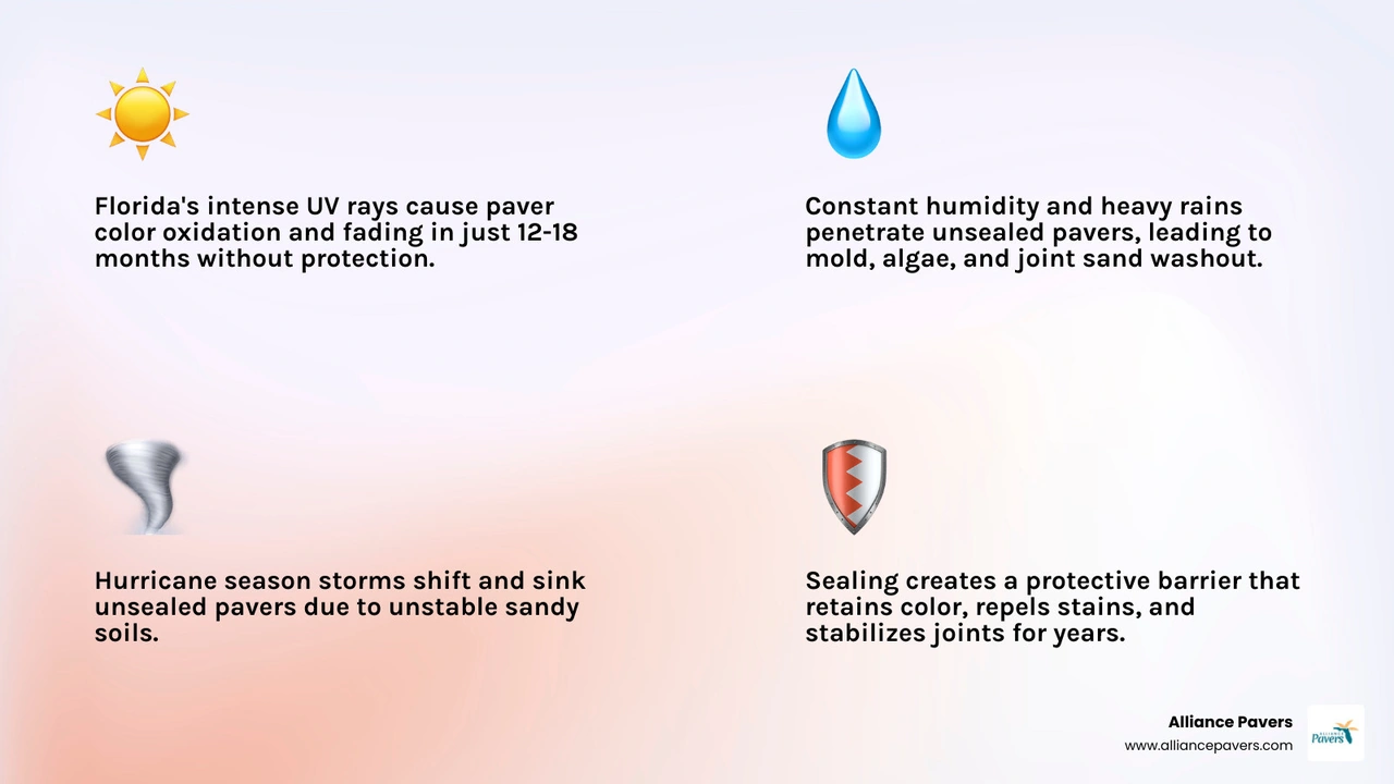Infographic showing 5 paver sealing benefits for Florida homeowners including UV protection, mold prevention, and joint