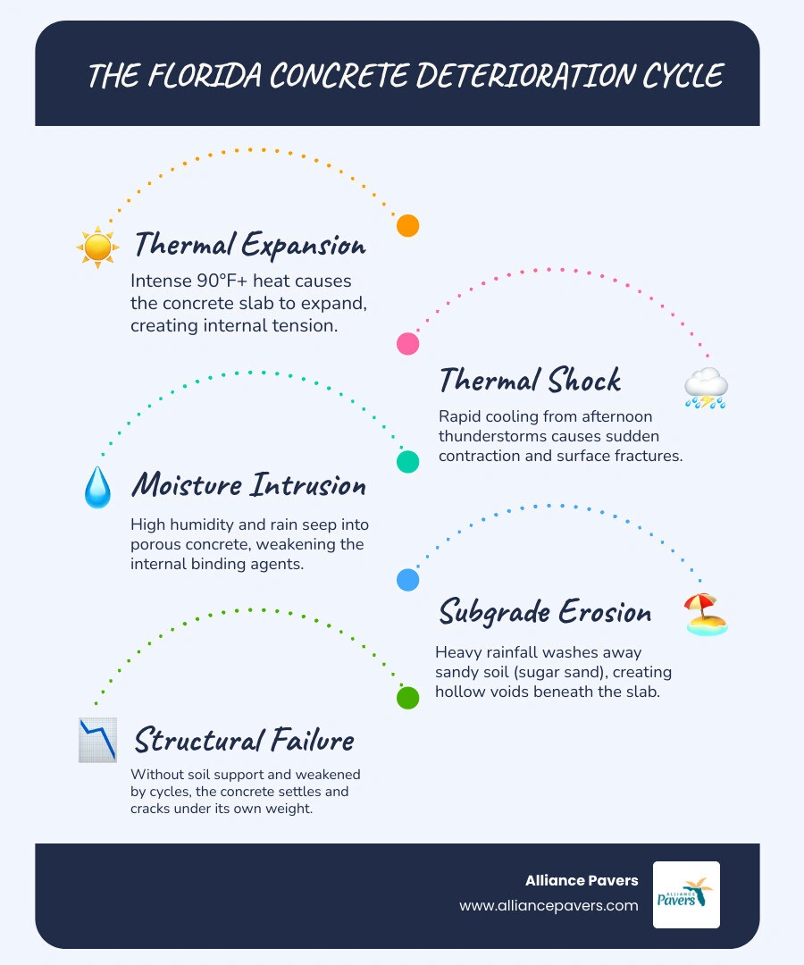 Infographic: The cycle of concrete deterioration in Florida's tropical climate — heat, rain, humidity, soil shift - why