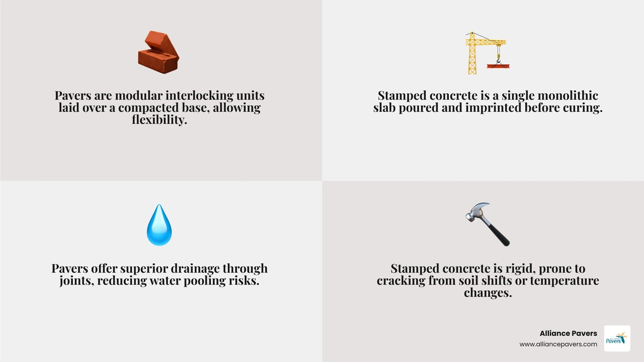 Infographic comparing pavers vs stamped concrete pros and cons including cost, lifespan, repair, and maintenance infographic Infographic comparing pavers vs stamped concrete pros and cons including cost, lifespan, repair, and maintenance infographic