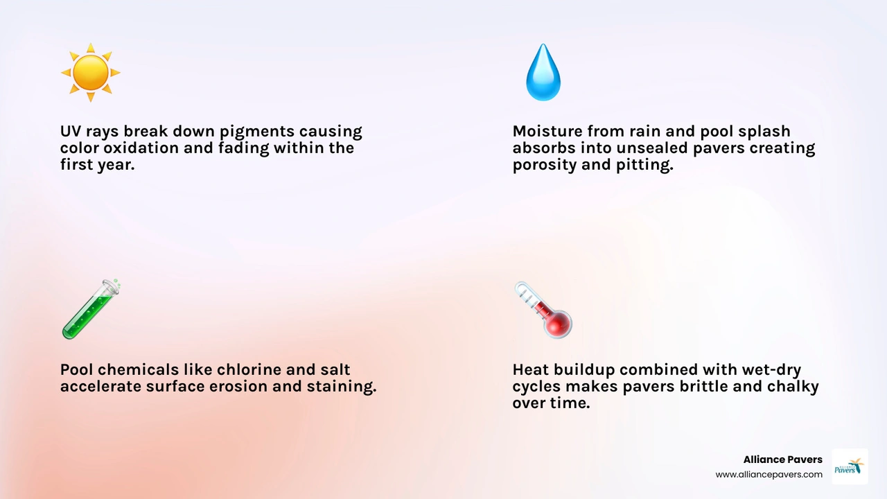 Infographic showing how sun UV rays, rain, humidity, pool chemicals, and heat damage pool deck pavers over time infographic Infographic showing how sun UV rays, rain, humidity, pool chemicals, and heat damage pool deck pavers over time infographic