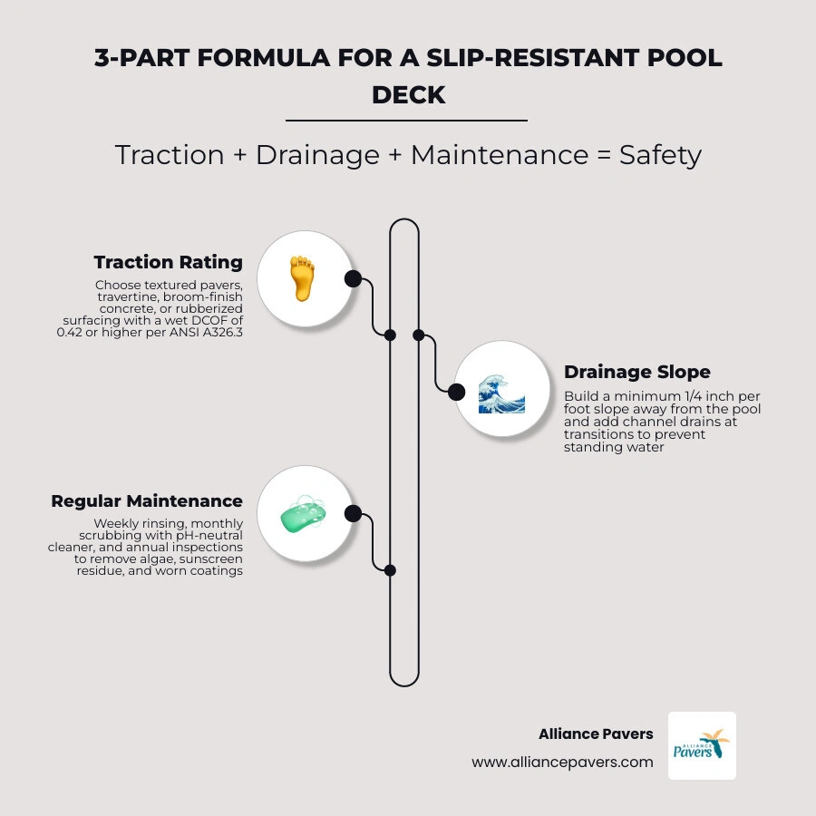 3-part formula infographic: traction rating plus drainage slope plus regular maintenance equals safe pool deck infographic 3-part formula infographic: traction rating plus drainage slope plus regular maintenance equals safe pool deck infographic