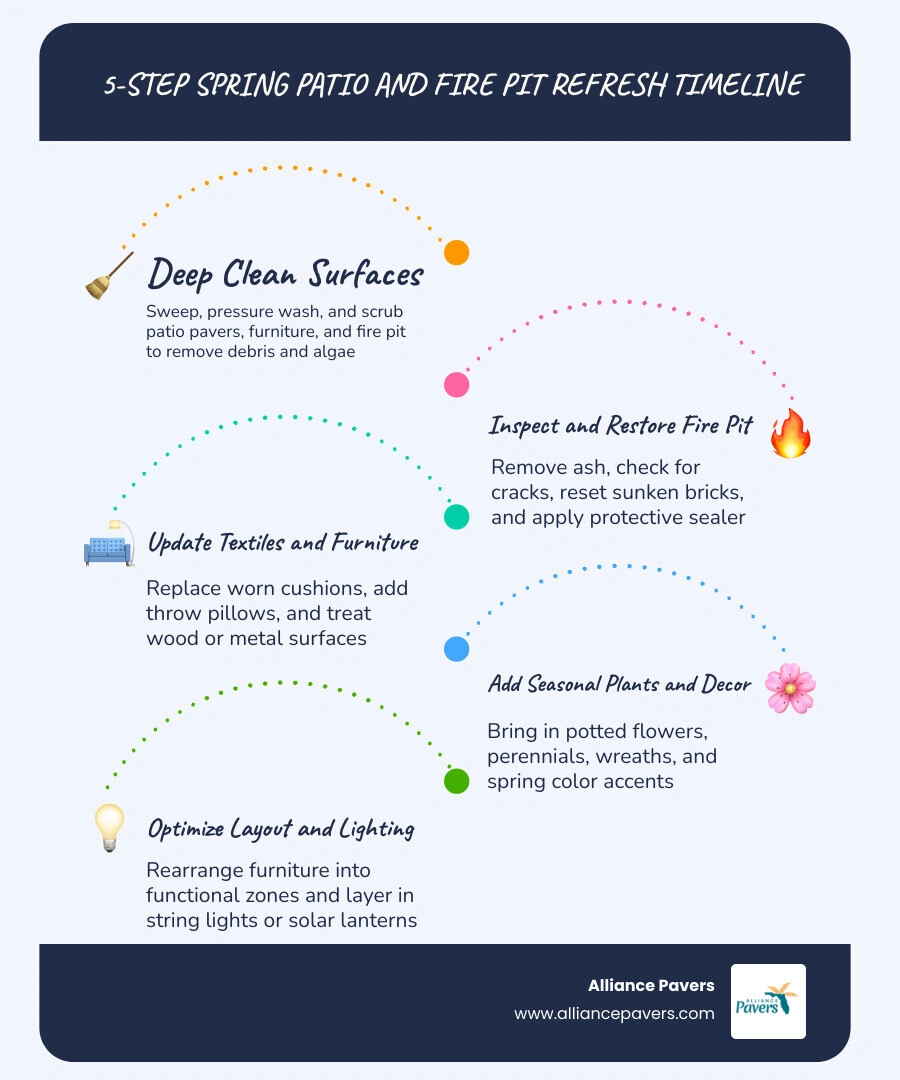 5-step spring patio and fire pit refresh timeline infographic with cleaning, fire pit restore, textiles, plants, and