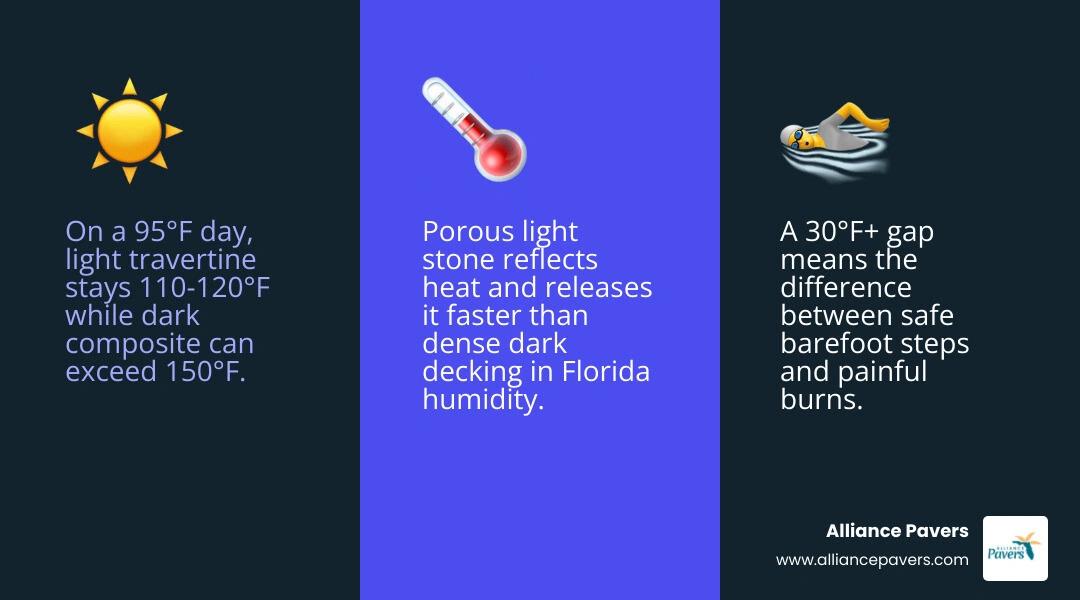 Infographic showing why pool decks overheat in Florida sun, comparing surface temps by material type and color infographic Infographic showing why pool decks overheat in Florida sun, comparing surface temps by material type and color infographic