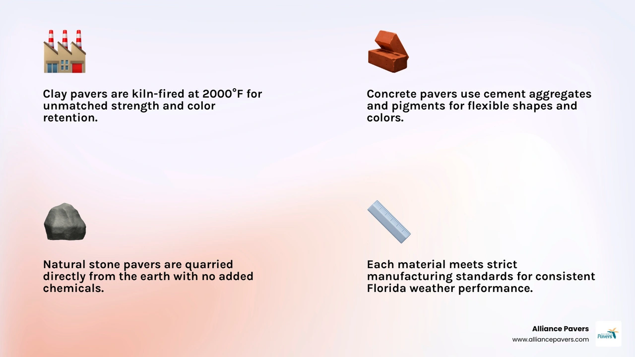 Infographic comparing brick, concrete, and natural stone pavers: manufacturing, lifespan, maintenance, design flexibility
