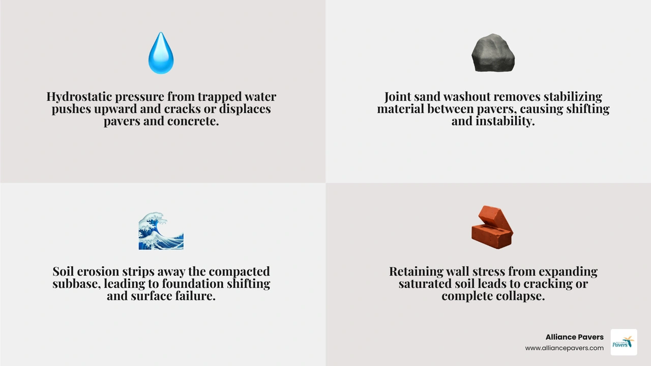 Infographic showing 6 ways hurricanes and storms damage hardscaping including erosion, hydrostatic pressure, and joint Infographic showing 6 ways hurricanes and storms damage hardscaping including erosion, hydrostatic pressure, and joint