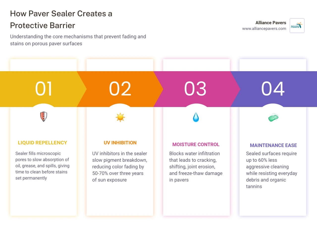 Infographic showing how paver sealer creates a protective barrier against UV rays, stains, and moisture infographic