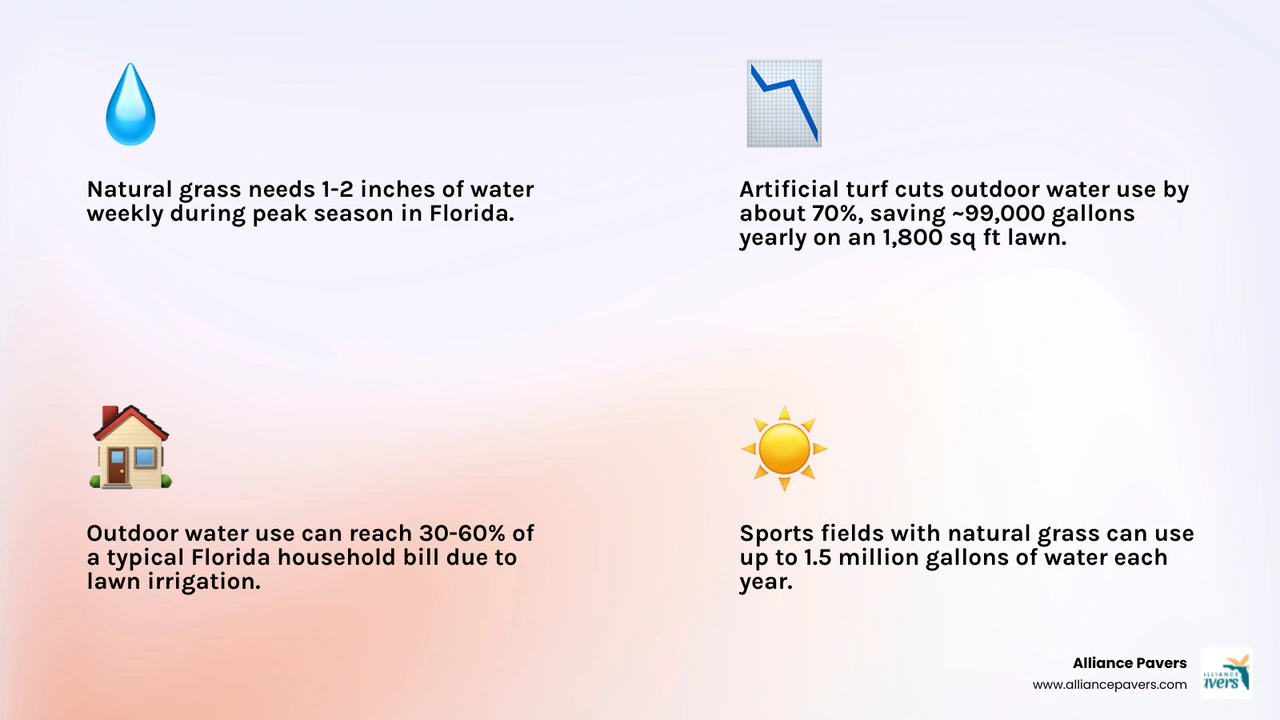 Infographic comparing residential outdoor water use: natural grass vs artificial turf annual gallons, savings percentage Infographic comparing residential outdoor water use: natural grass vs artificial turf annual gallons, savings percentage