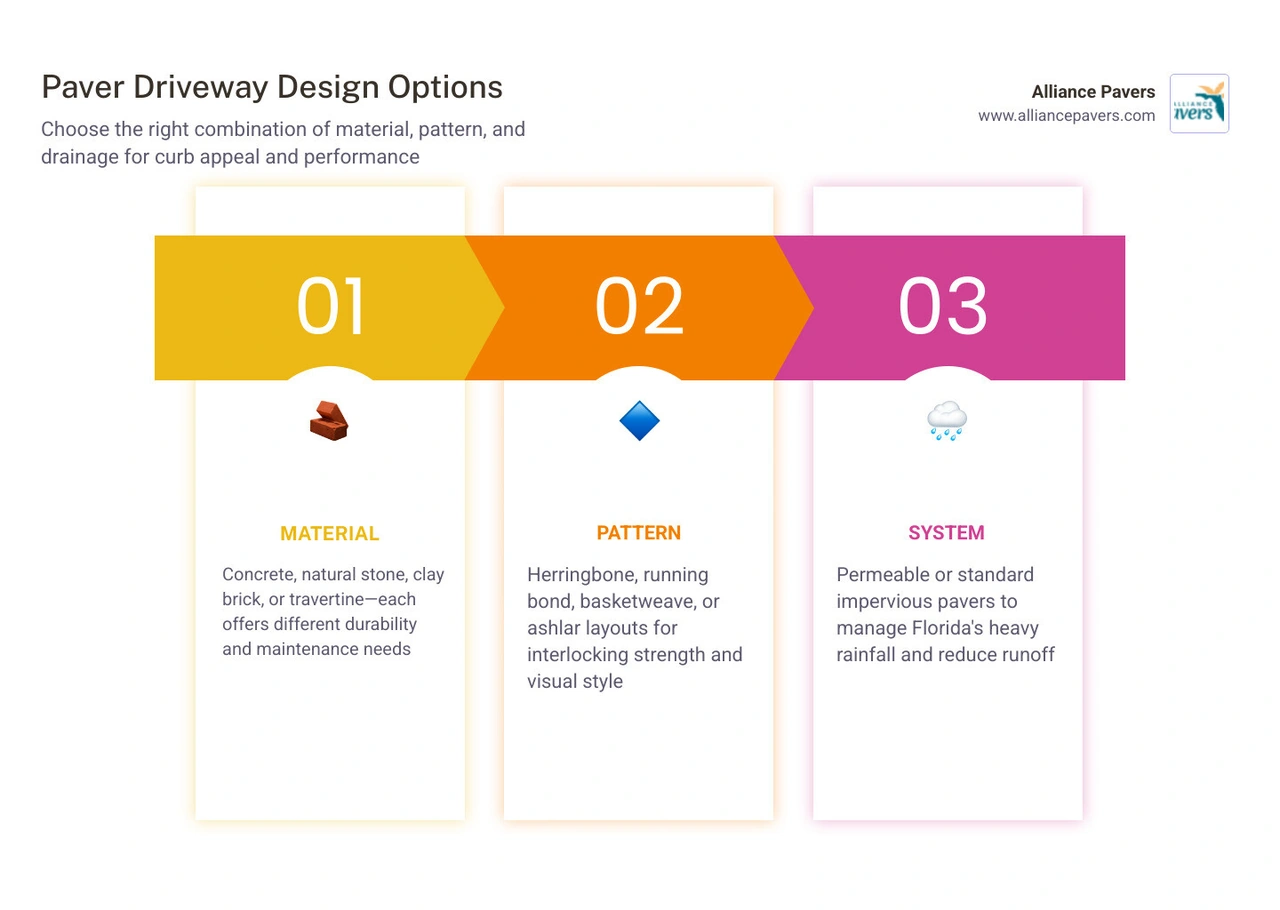 Infographic showing paver driveway design options including materials, patterns, drainage types, and accent features