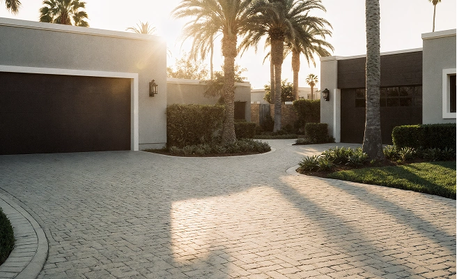 A beautiful home driveway featuring permeable pavers that naturally drain stormwater