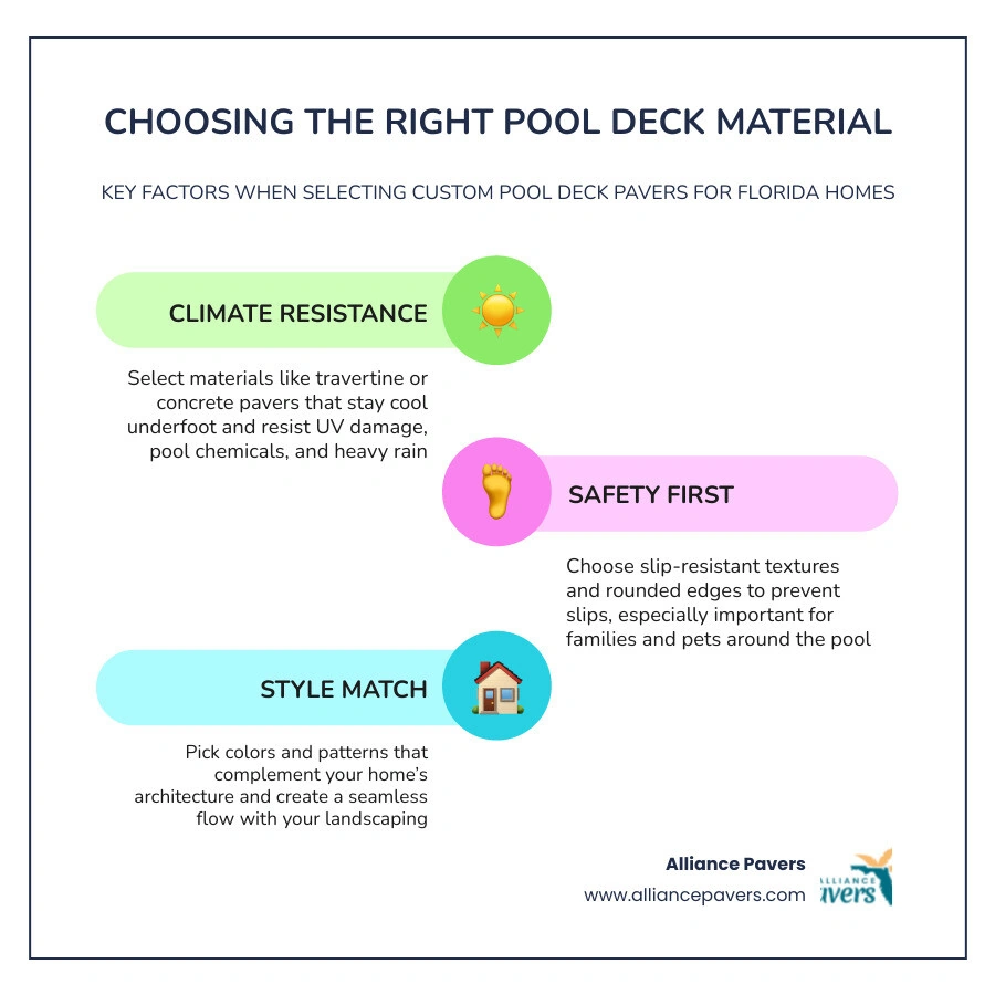 Infographic showing top custom pool deck material options, popular shapes, key safety features, and must-have extras like Infographic showing top custom pool deck material options, popular shapes, key safety features, and must-have extras like