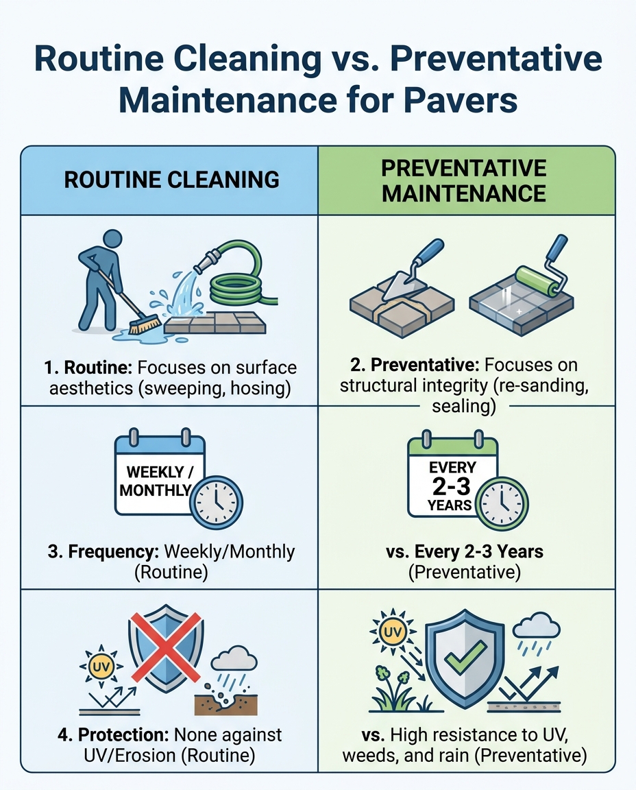 Routine Cleaning vs. Preventative Maintenance for Pavers