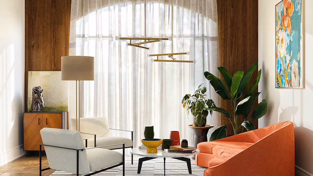 Frisse en moderne inrichting van een woonkamer