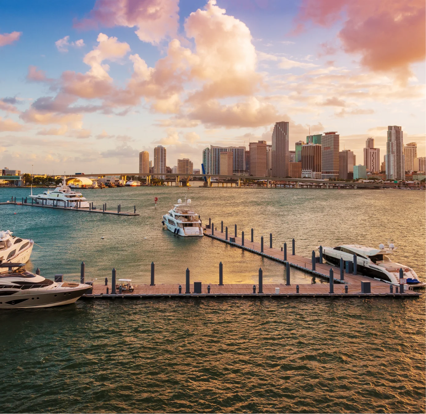 Miami skyline and marina at sunset, embarkation port for Zuiderdam