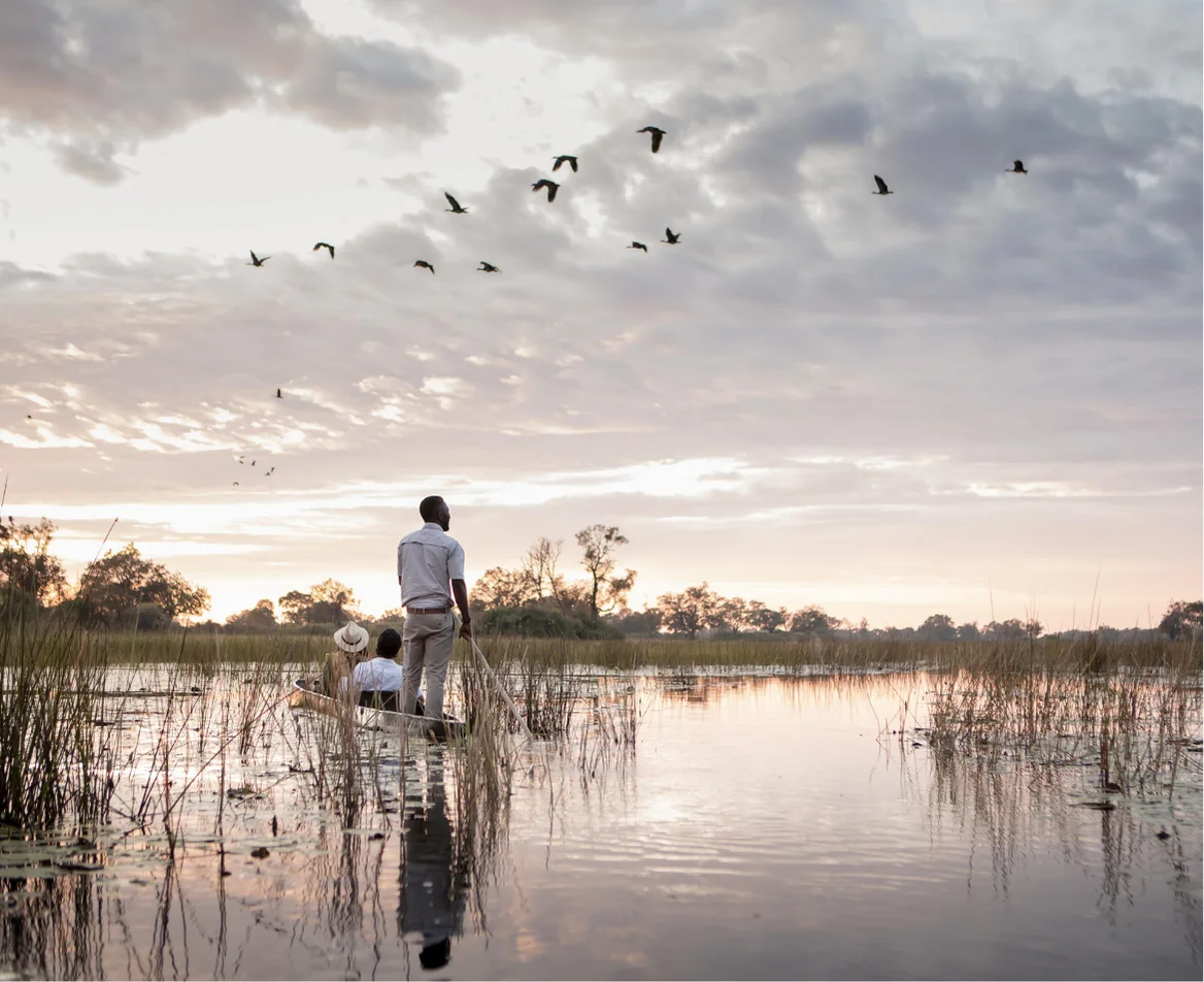 Travelers glide through the Okavango Delta at sunset in a traditional mokoro canoe as birds fly overhead.