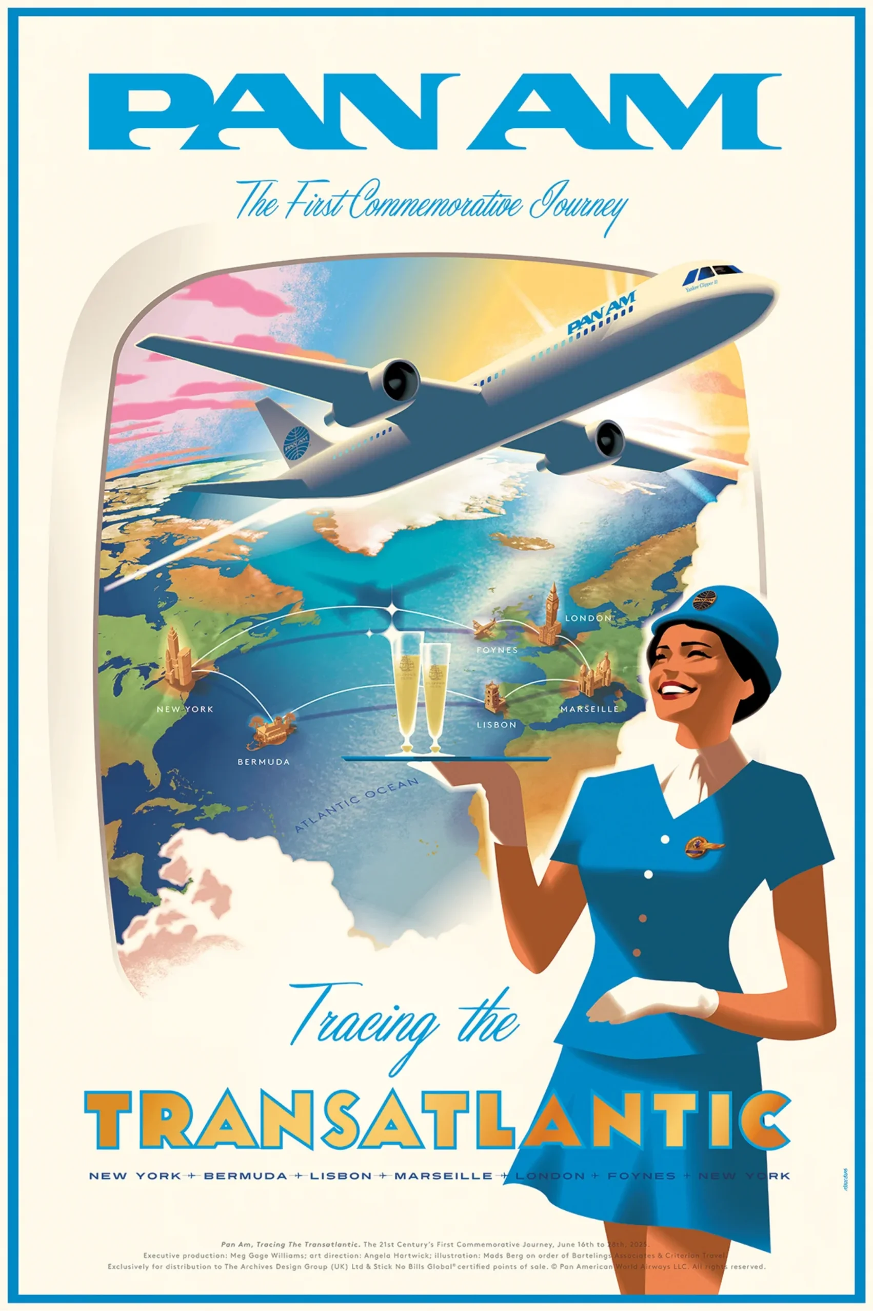Tracing the Transatlantic Pan Am poster showing a stewardess in blue uniform holding a tray with two champagne glasses, with a Pan Am airplane flying over a map tracing the transatlantic route between New York, Bermuda, Lisbon, Marseille, London, and Foynes.