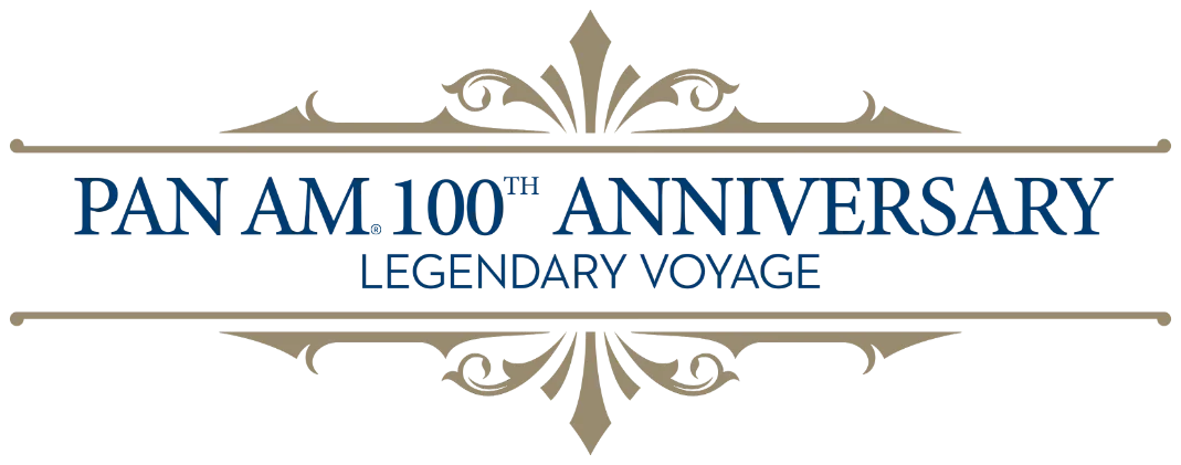 Logo with ornate gold decorative lines and text reading 'PAN AM 100th ANNIVERSARY LEGENDARY VOYAGE' in blue.